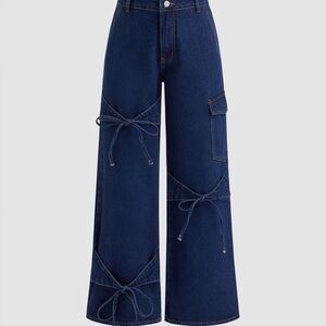 Cider Women's Dark Blue Flare Jeans with Bow Details